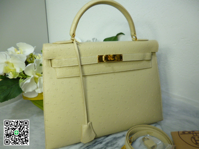 エルメス オフホワイトベージュケリー オーストリッチ32cmゴールド 金具Ｂ刻印 hb-042 スーパーコピー
